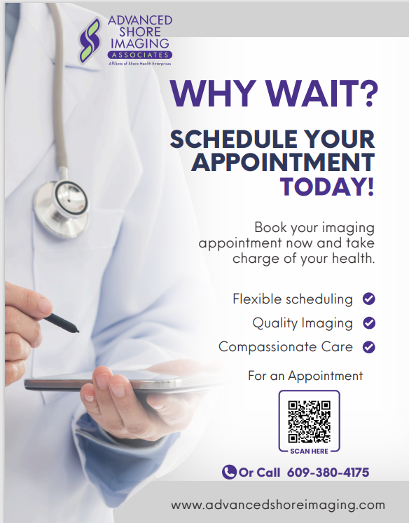 Doctor holding clipboard with appointment scheduling ad, QR code, and phone number for Advanced Shore Imaging.