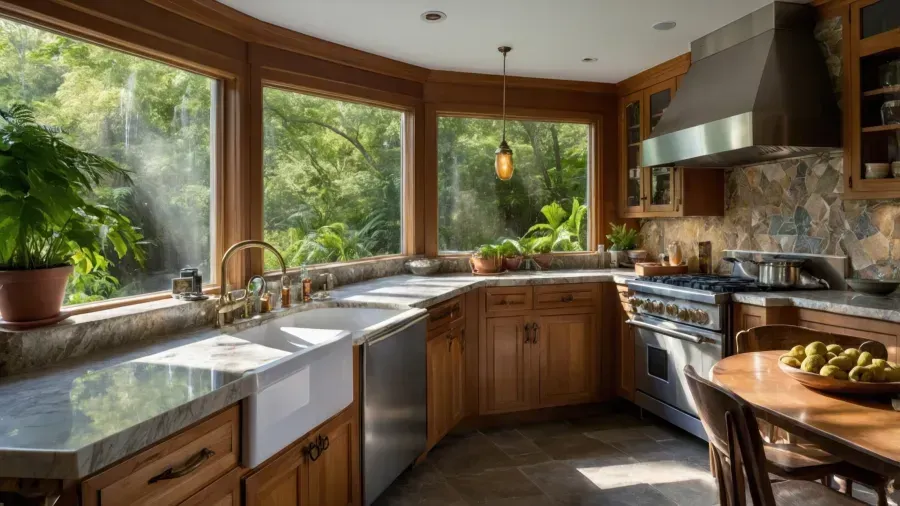 Sunlit kitchen with large windows, wood cabinets, stone backsplash, and a countertop by the sink and stove