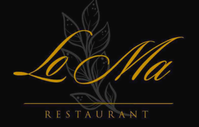 Logo del ristorante Le Ma, in caratteri dorati con un motivo a foglia su sfondo nero