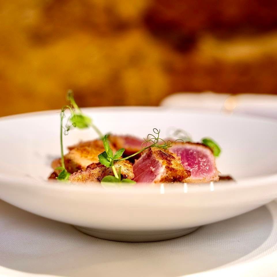 Piatto gourmet impiattato con carne scottata, erbe aromatiche e salsa in una ciotola bianca