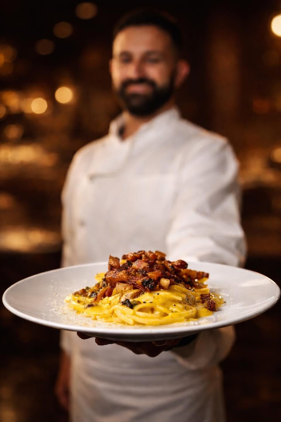 Chef con un piatto bianco di pasta condita con carne, in un ristorante dall’atmosfera calda.