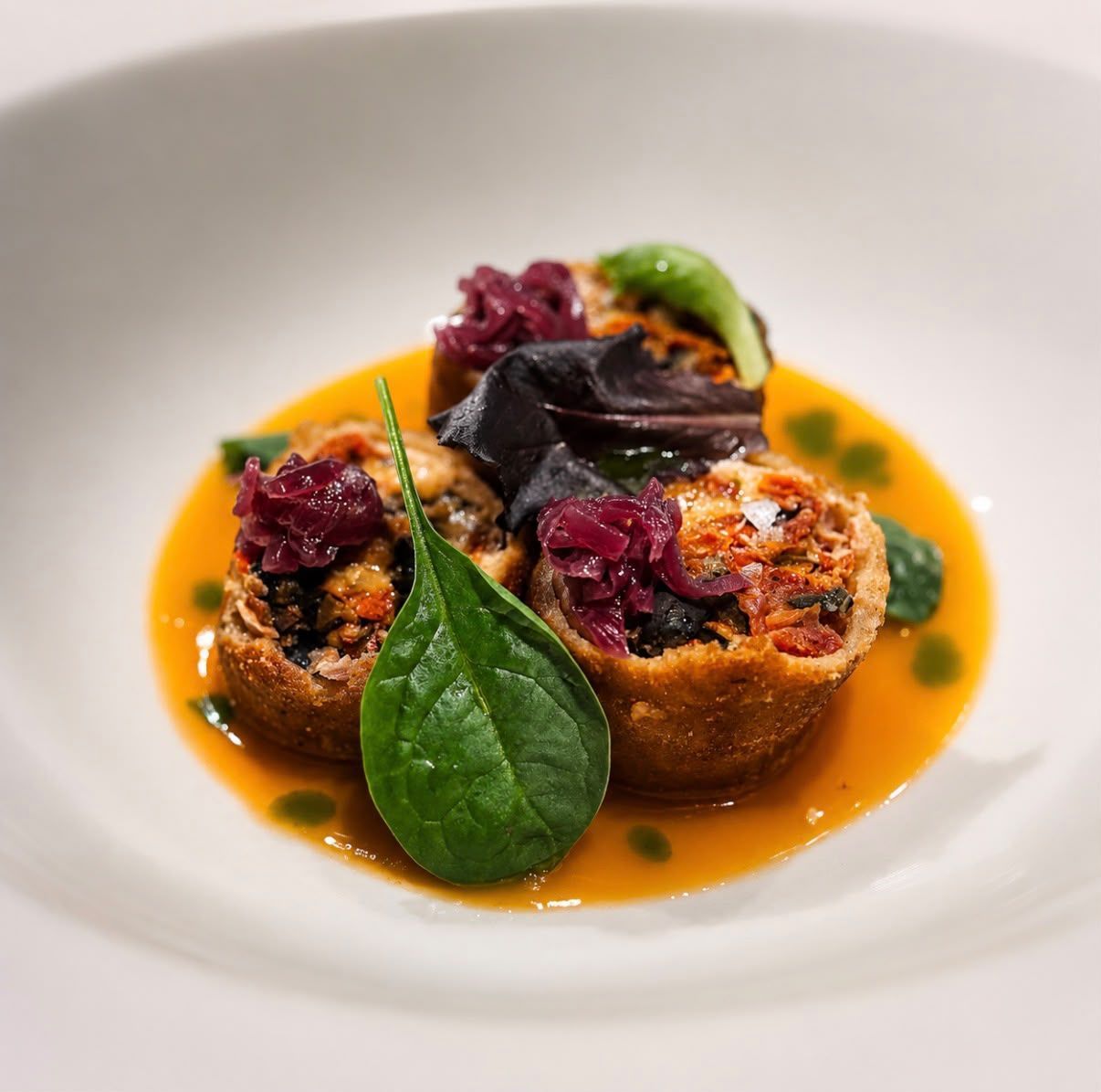 Antipasto gourmet impiattato, con salsa, guarnizioni e una foglia di basilico su un piatto bianco