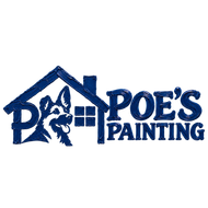 Blue logo of a house with a dog and window, reading “Poe’s Painting”