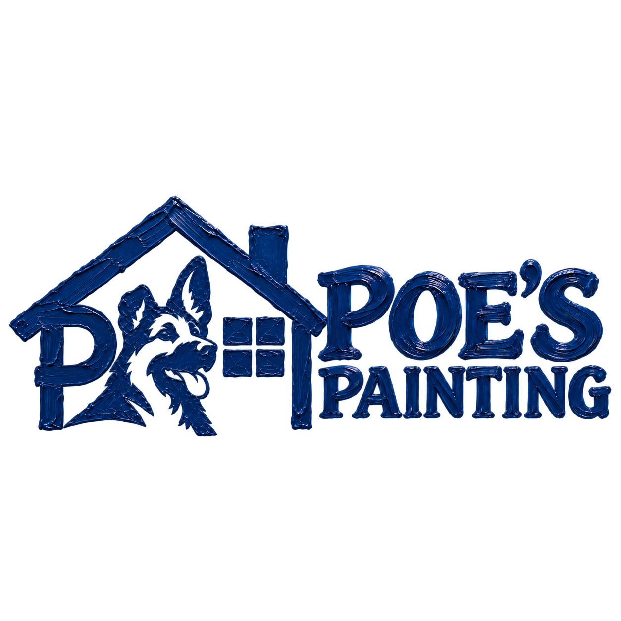 Blue logo of a house with a dog and window, reading “Poe’s Painting”
