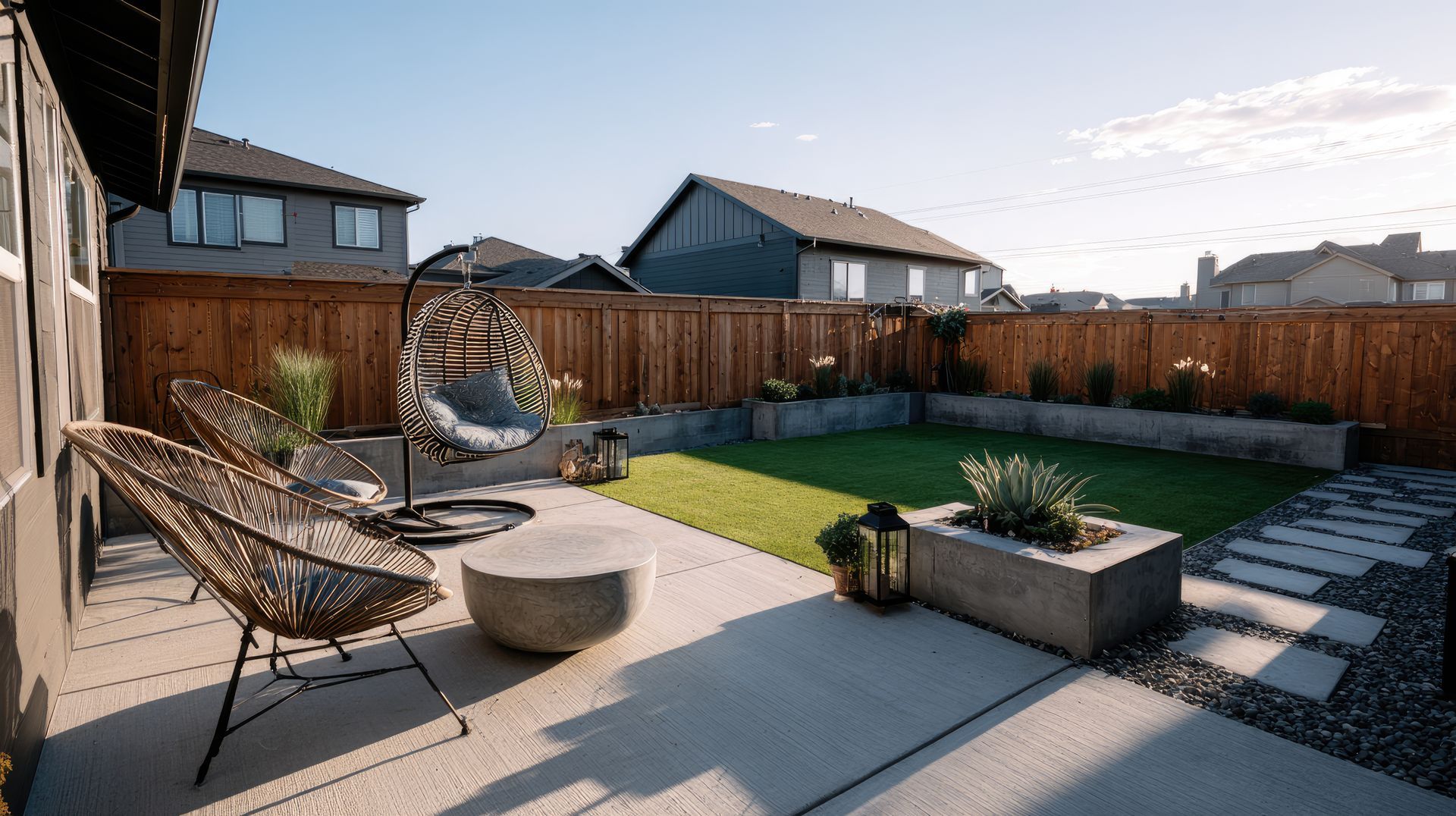 Terrasse arrière avec sièges modernes, petite pelouse et clôture en bois.