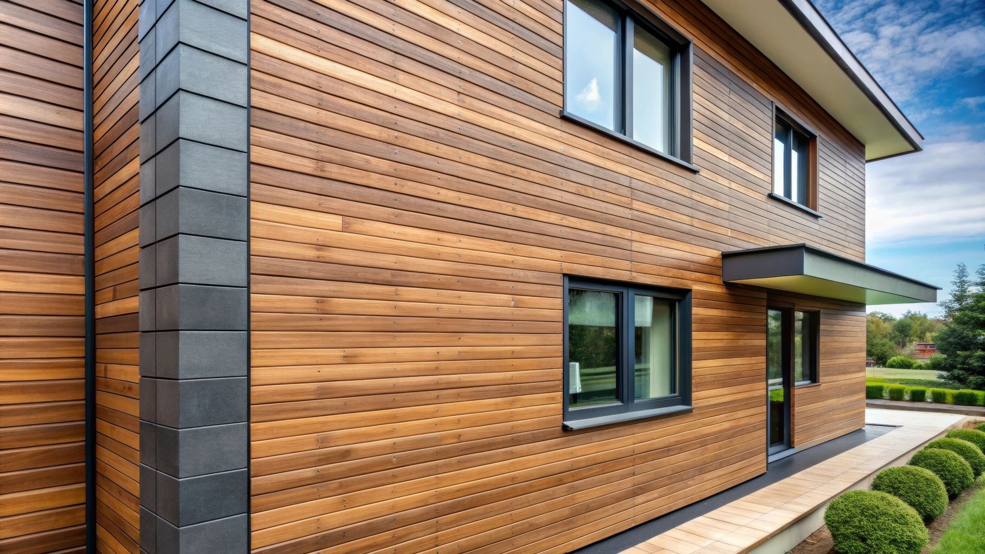 Maison moderne à deux étages avec bardage en bois horizontal, encadrements de fenêtres noirs et accents gris dans les angles.
