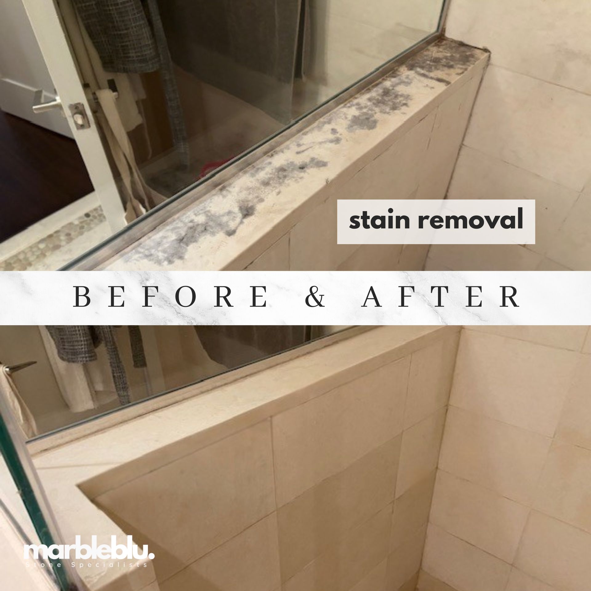Before and after of shower base; stain removal on light-colored stone, glass door.