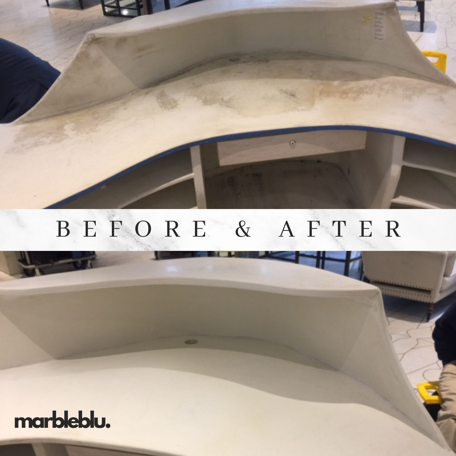 Before and after of a white countertop cleaning. The top image shows the dirty counter, the bottom shows it clean.