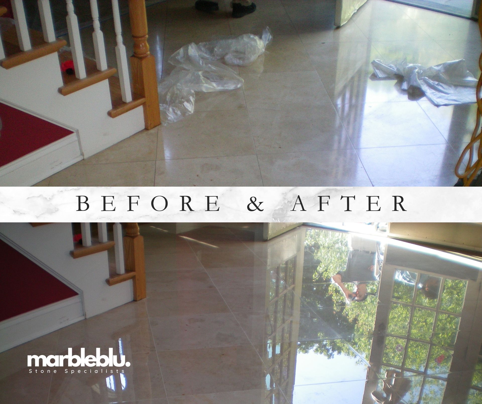 Before and after of a bathroom vanity countertop. Shows dull and then polished marble. White sink and dark fixtures are visible.