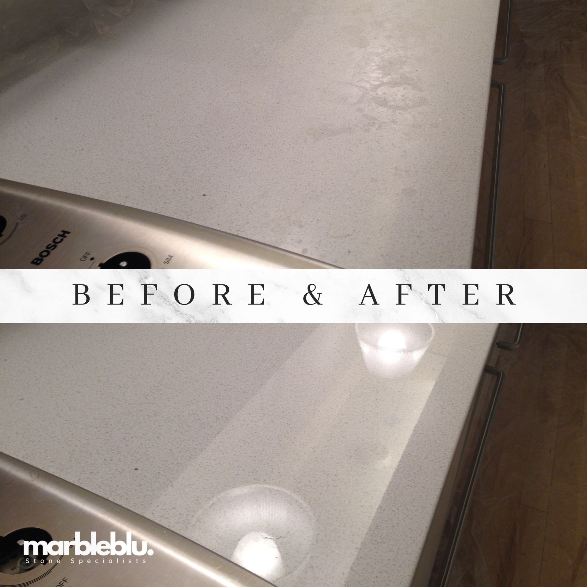 Before & after comparison of a white countertop; some stains are removed. A stovetop is visible.