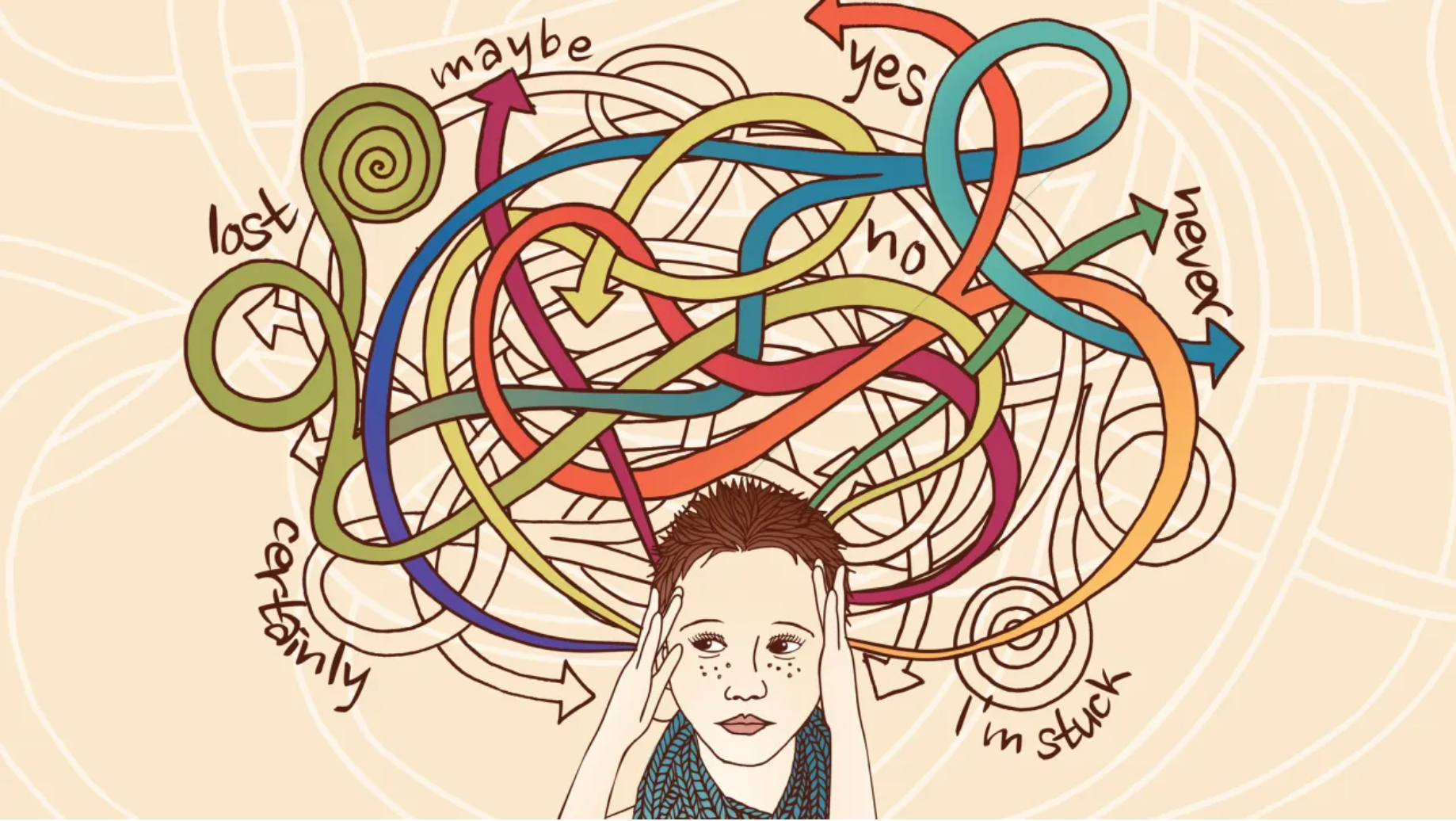A drawing of a person with a bunch of lines coming out of their head.