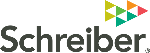 Schreiber logo with gray wordmark and multicolor geometric triangles above the “i”