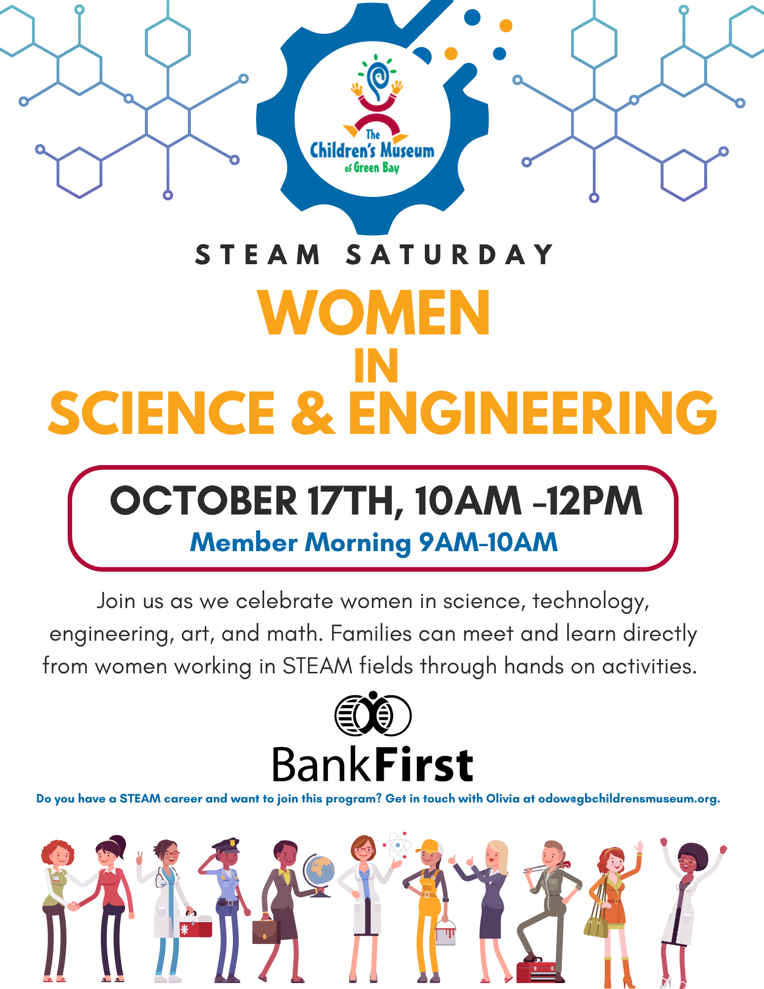 Women in Science & Engineering event poster, Oct. 17, 10 AM–12 PM, BankFirst logo, blue and orange design