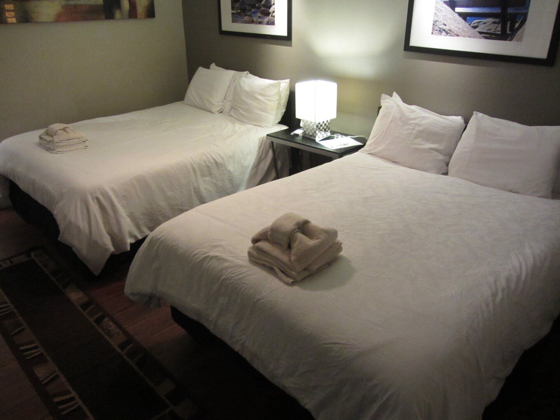A hotel room with two beds and a lamp