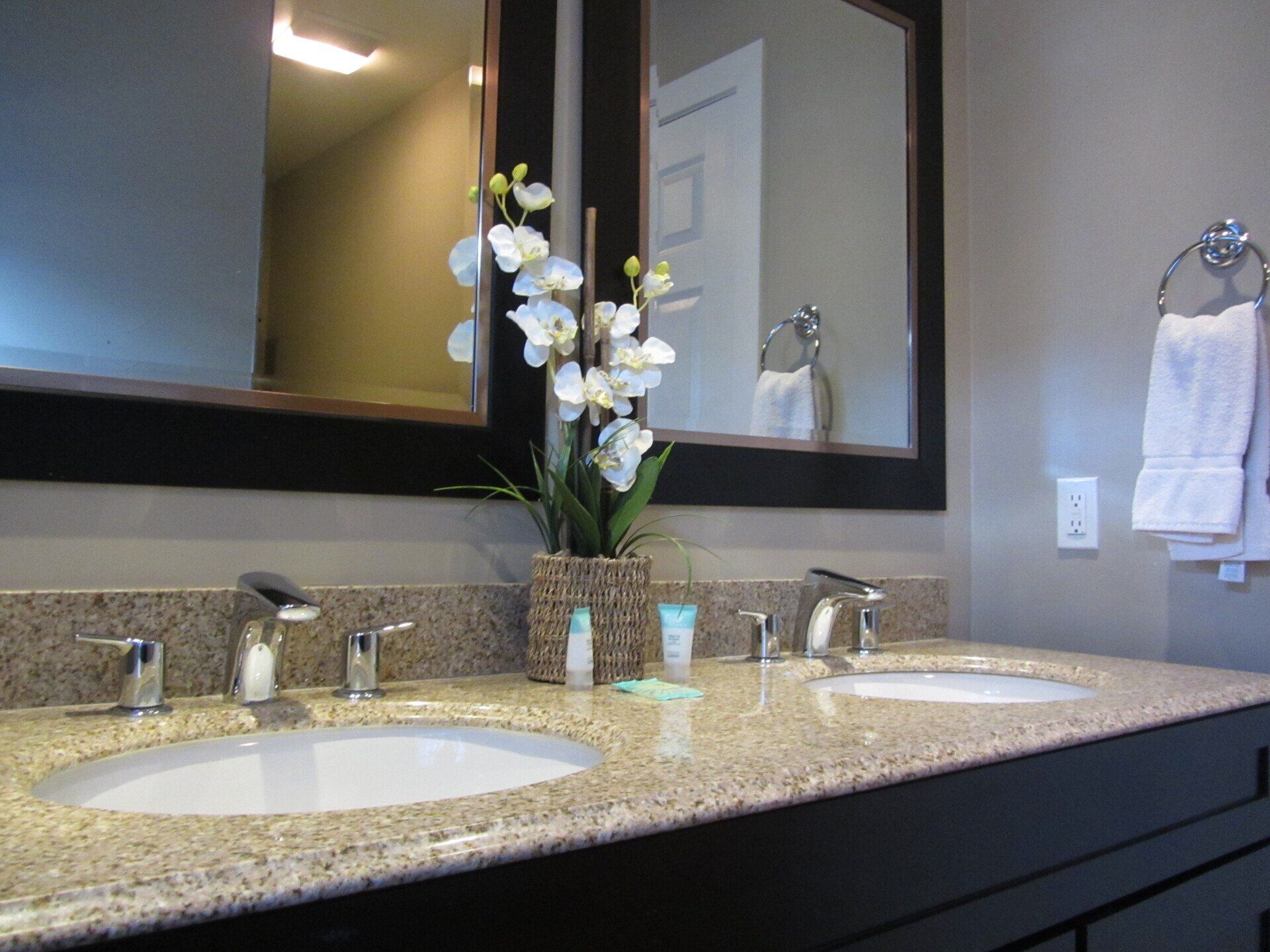 A bathroom with two sinks and two mirrors