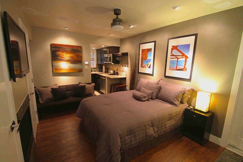 A bedroom with a large bed and a couch