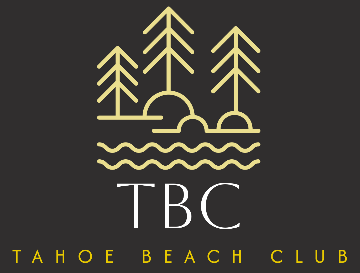 A logo for tahoe beach club with trees and waves
