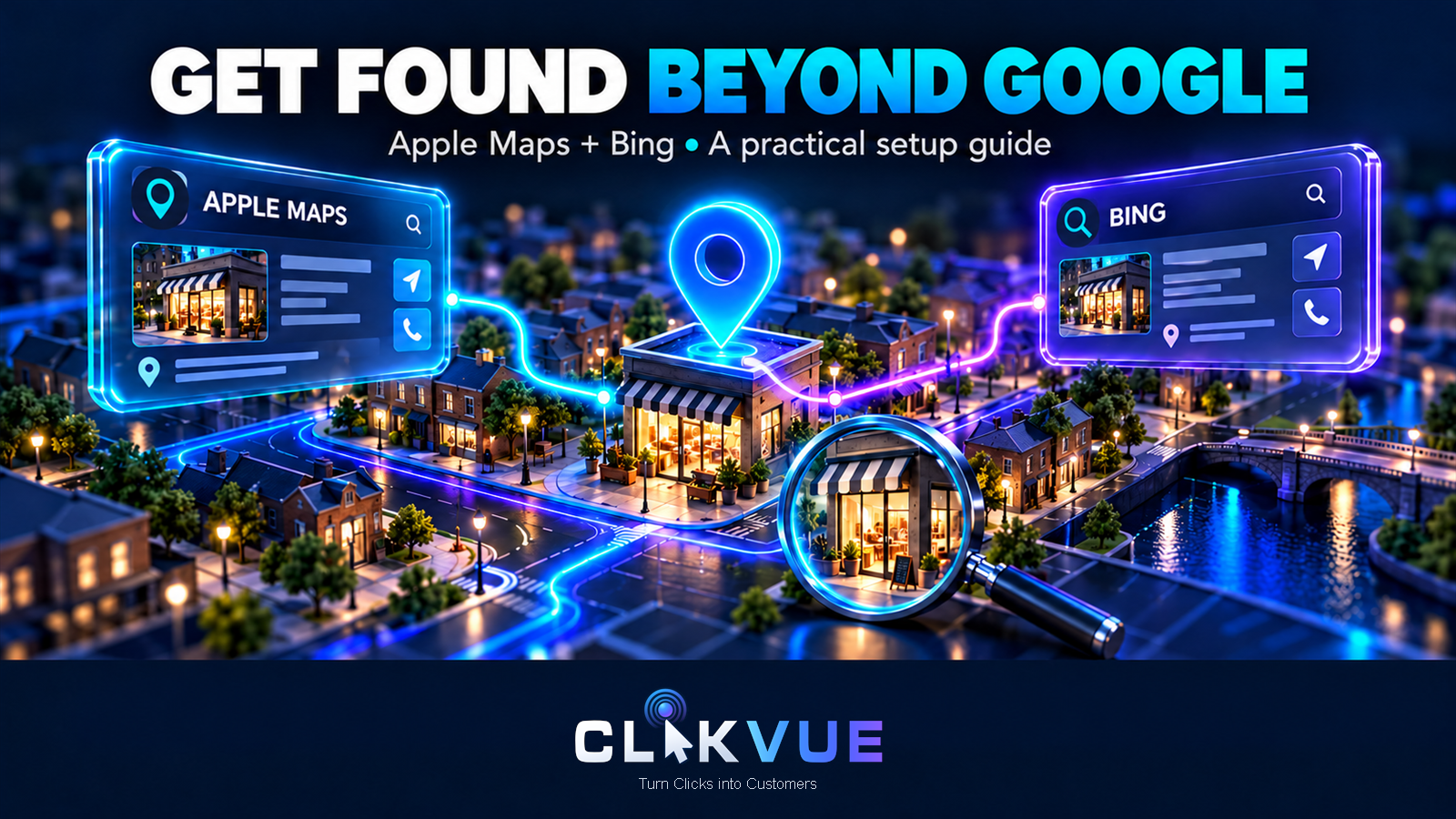 A Clikvue guide showing a business pin checked across Apple Maps and Bing listings.