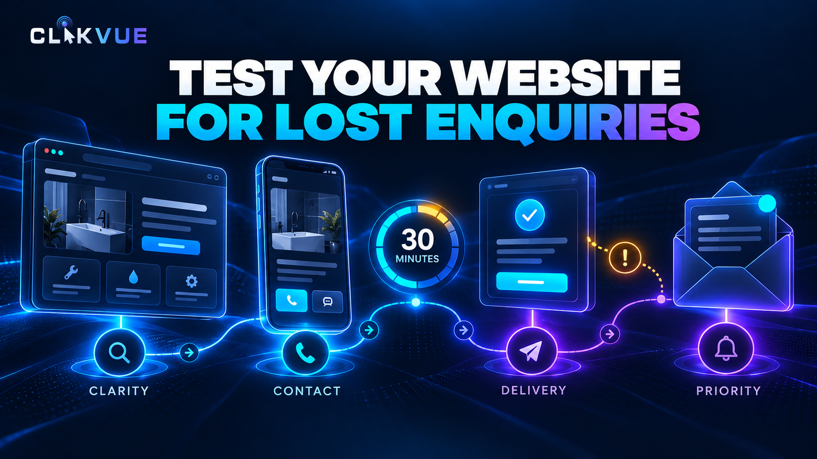 An illustrated website enquiry journey, from a mobile service page to a contact form and inbox, with