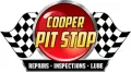 Cooper Pit Stop auto repair logo with checkered flags and red circular emblem, "repairs, inspections, lube" tagline