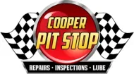 Cooper Pit Stop auto repair logo with checkered flags and red circular emblem, "repairs, inspections, lube" tagline