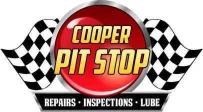 Cooper Pit Stop auto repair logo with checkered flags and red circular emblem, "repairs, inspections, lube" tagline