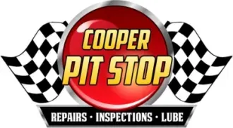 Cooper Pit Stop auto repair logo with checkered flags and red circular emblem, "repairs, inspections, lube" tagline