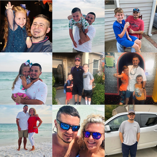 Collage: People, mostly fathers with children, smiling in various outdoor settings.