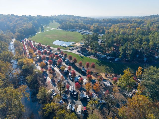 Campground along the river with fall color, seen from the air