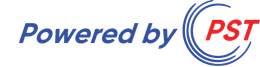A blue and red logo that says powered by pst
