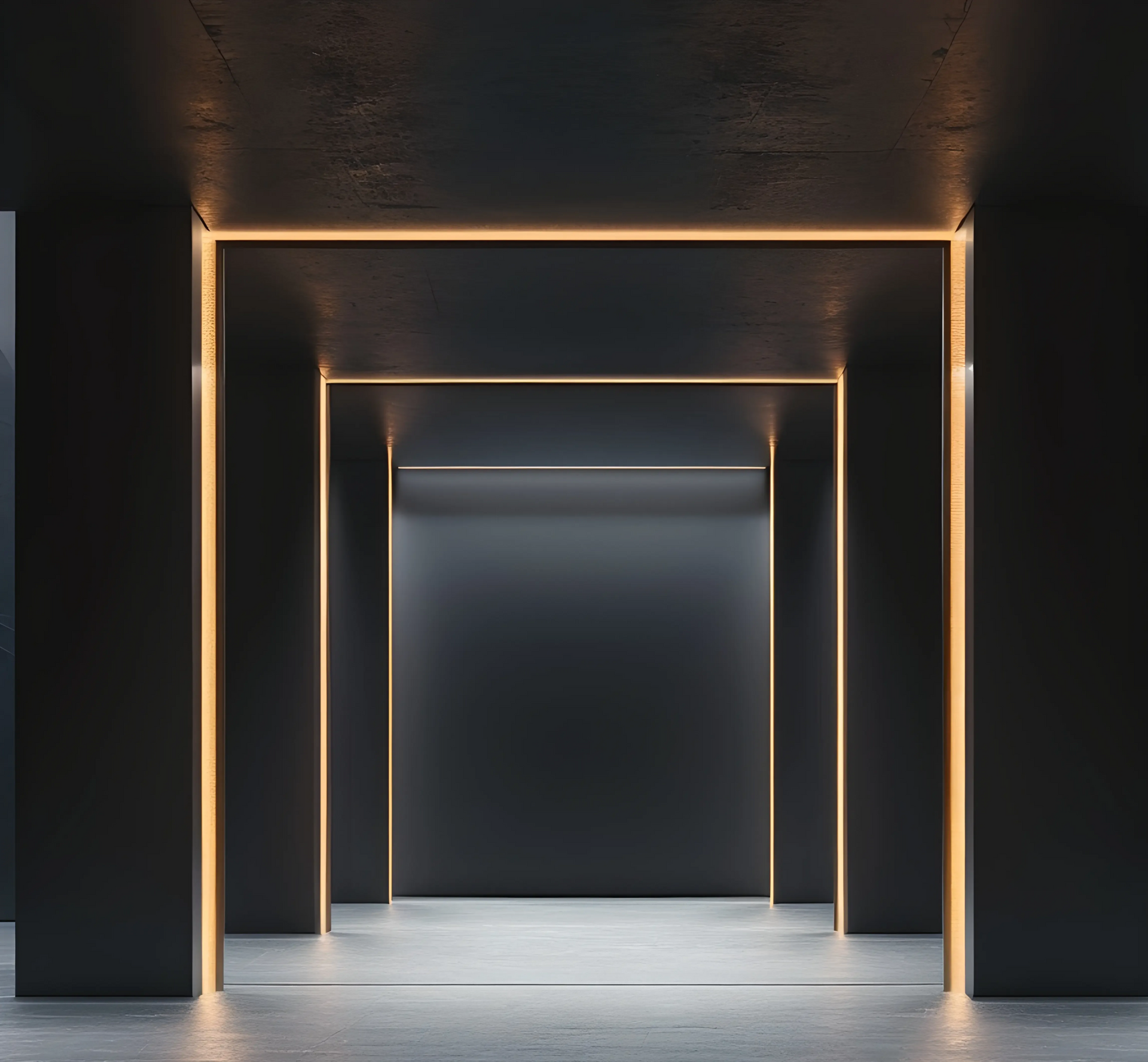 Dark architectural corridor with gold lines symbolising choices and risks in an AIproject