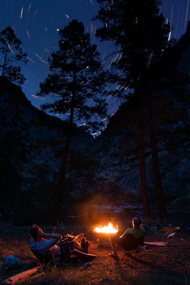 camping, river rafting, star trail