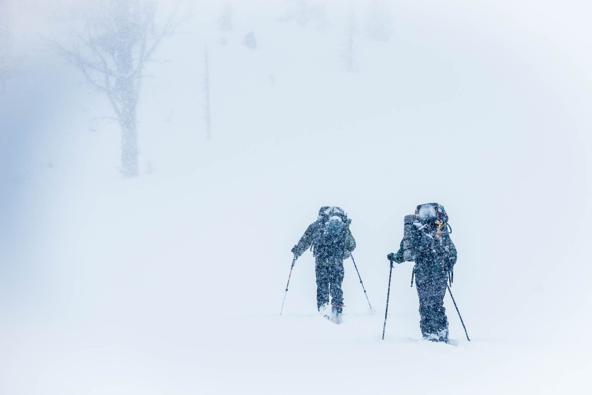 backcountry skiing hiking whiteout snow storm winter camping