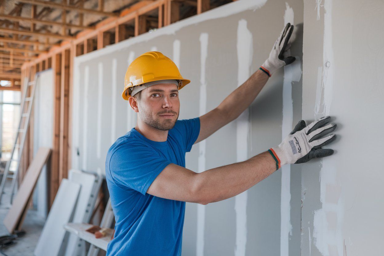 Construction worker installing drywall, wearing gloves and a yellow hard hat.