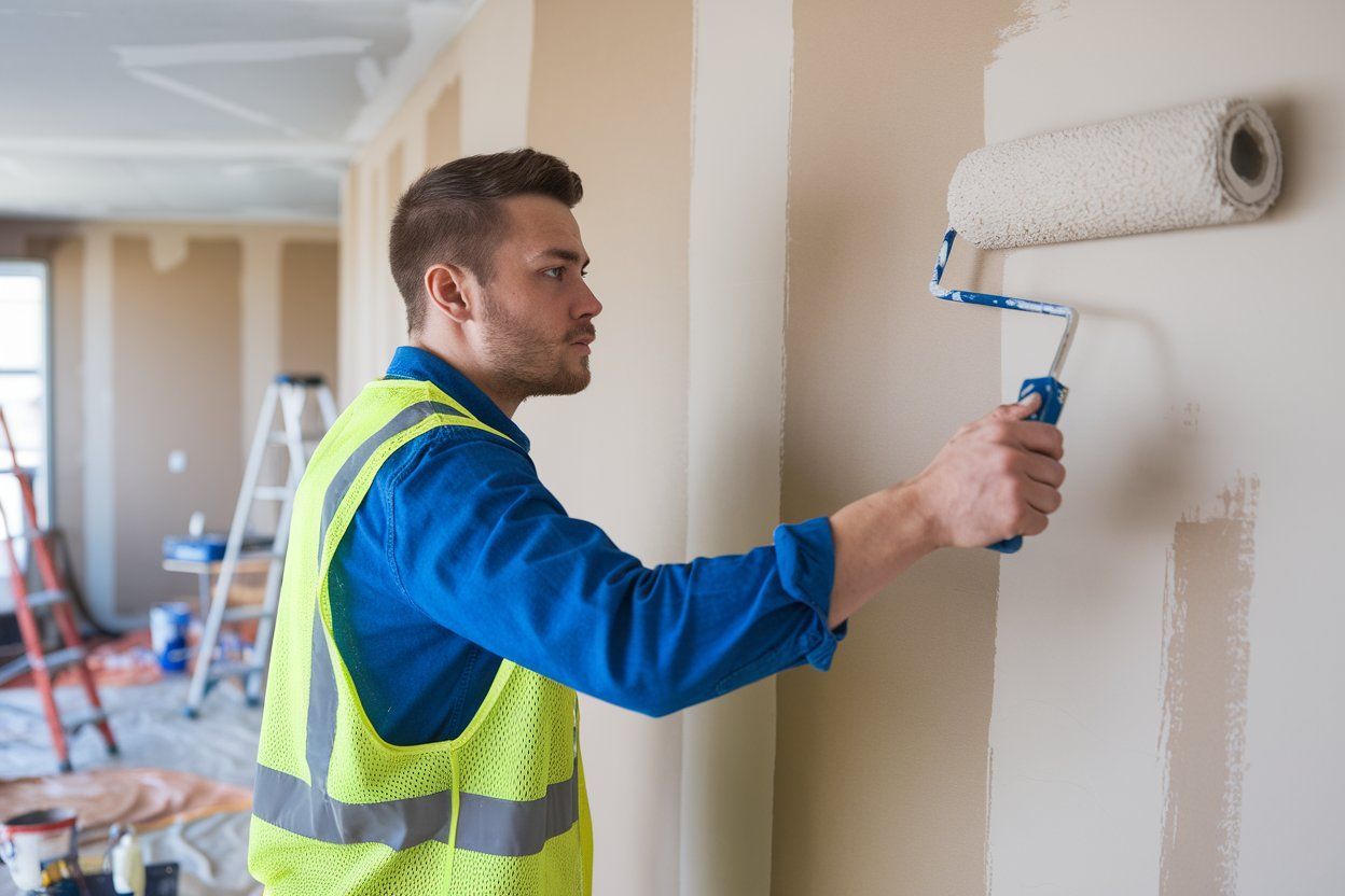 Man painting a wall with a paint roller in a construction setting.
