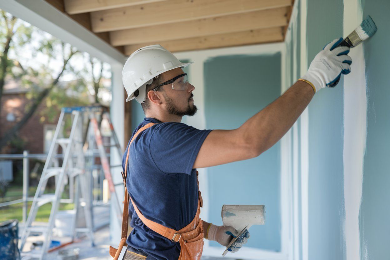 Construction worker painting wall, wearing safety gear, outdoors.