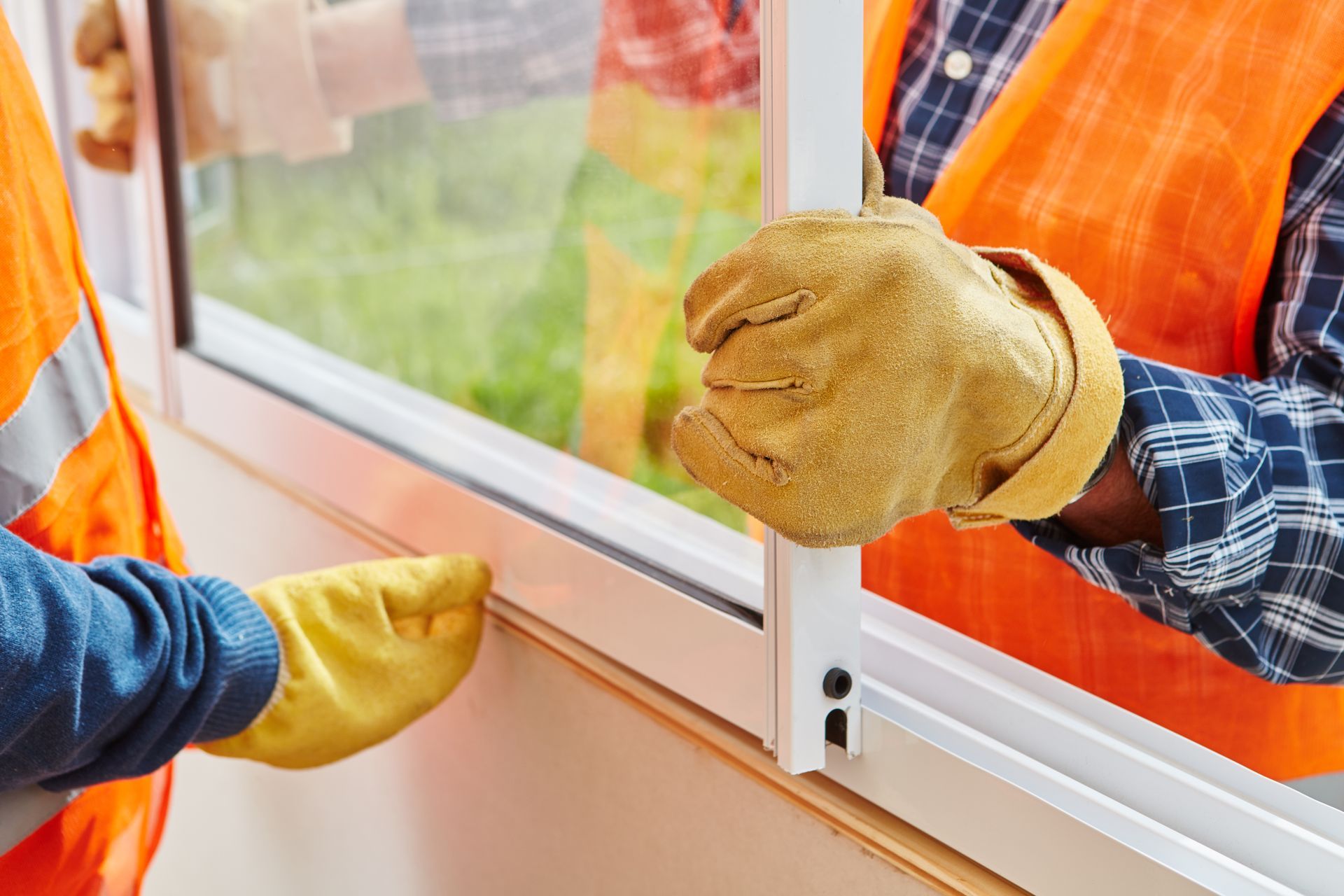 Two workers installing a window, wearing gloves and orange safety vests.