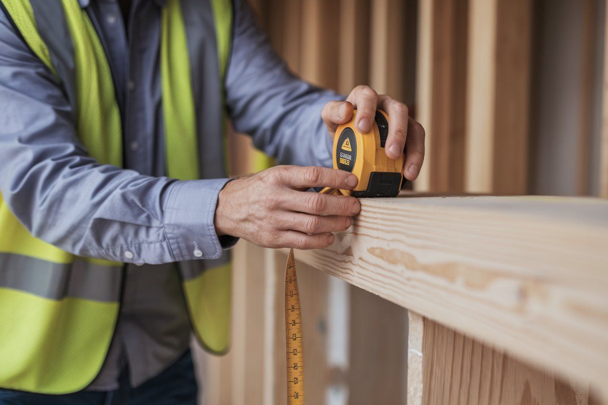 Person in safety vest using a tape measure on wooden construction frame.