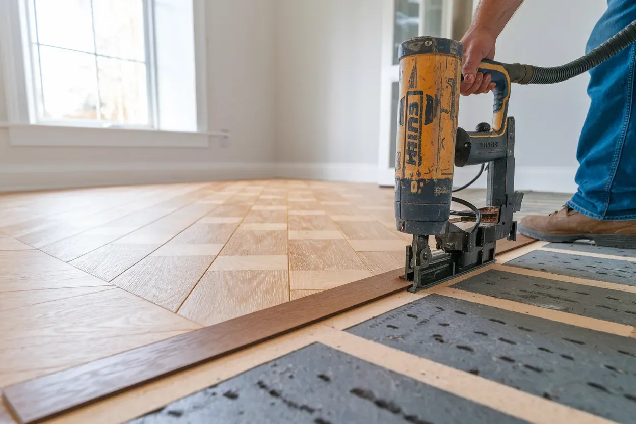 Person installing wood flooring with a nail gun.