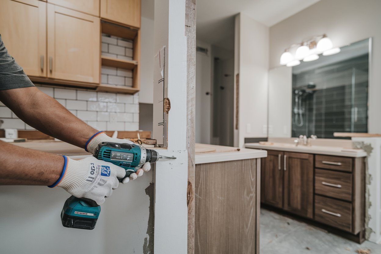 Person using a drill during a renovation project in a kitchen, with a partial view of a bathroom.