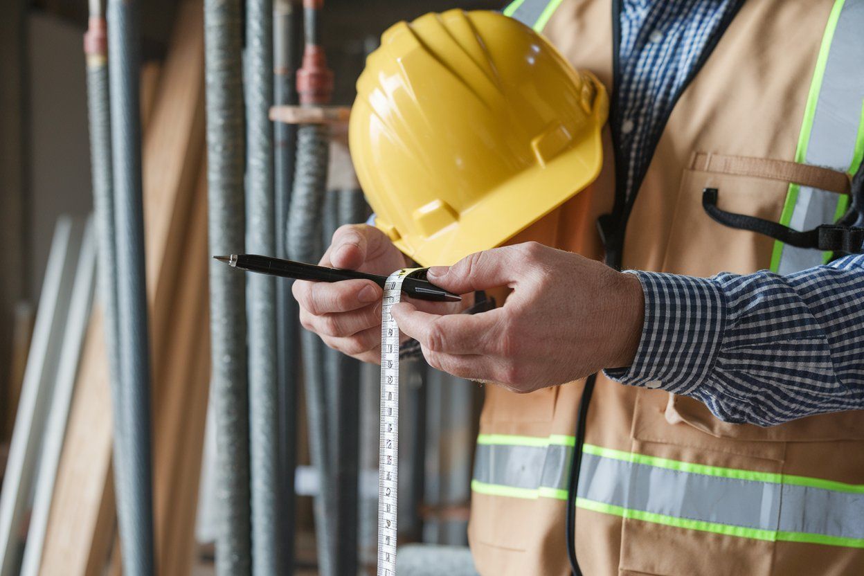 Construction worker measuring with a tape measure; holding a pen and yellow hardhat.