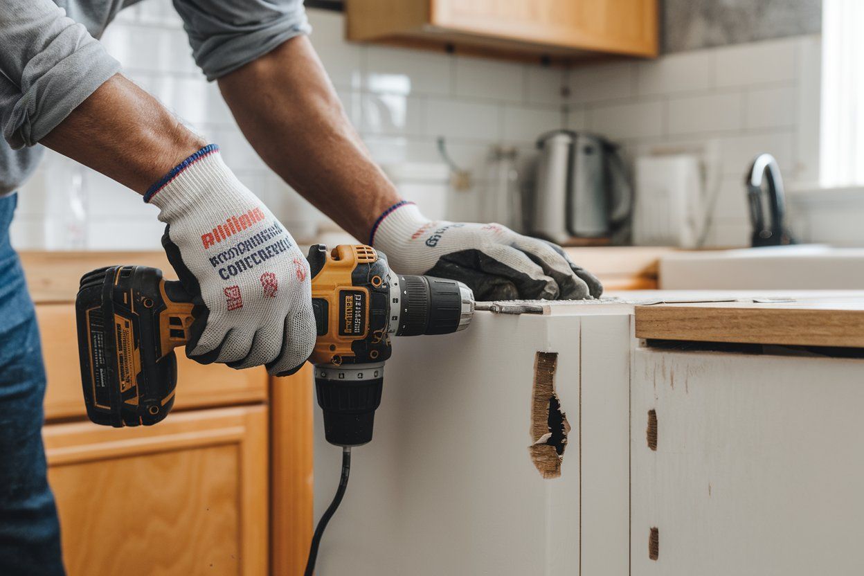 Person using a power drill to install a cabinet door in a kitchen.