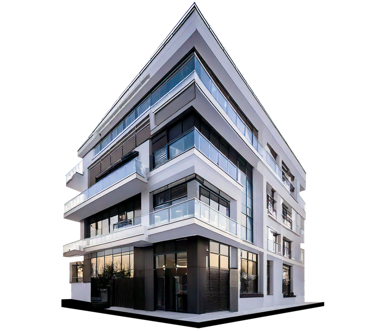 Modern white and gray multi-story apartment building with glass balconies and ground-floor windows