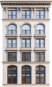 Cream-colored historic building facade with multiple arched windows and decorative trim.