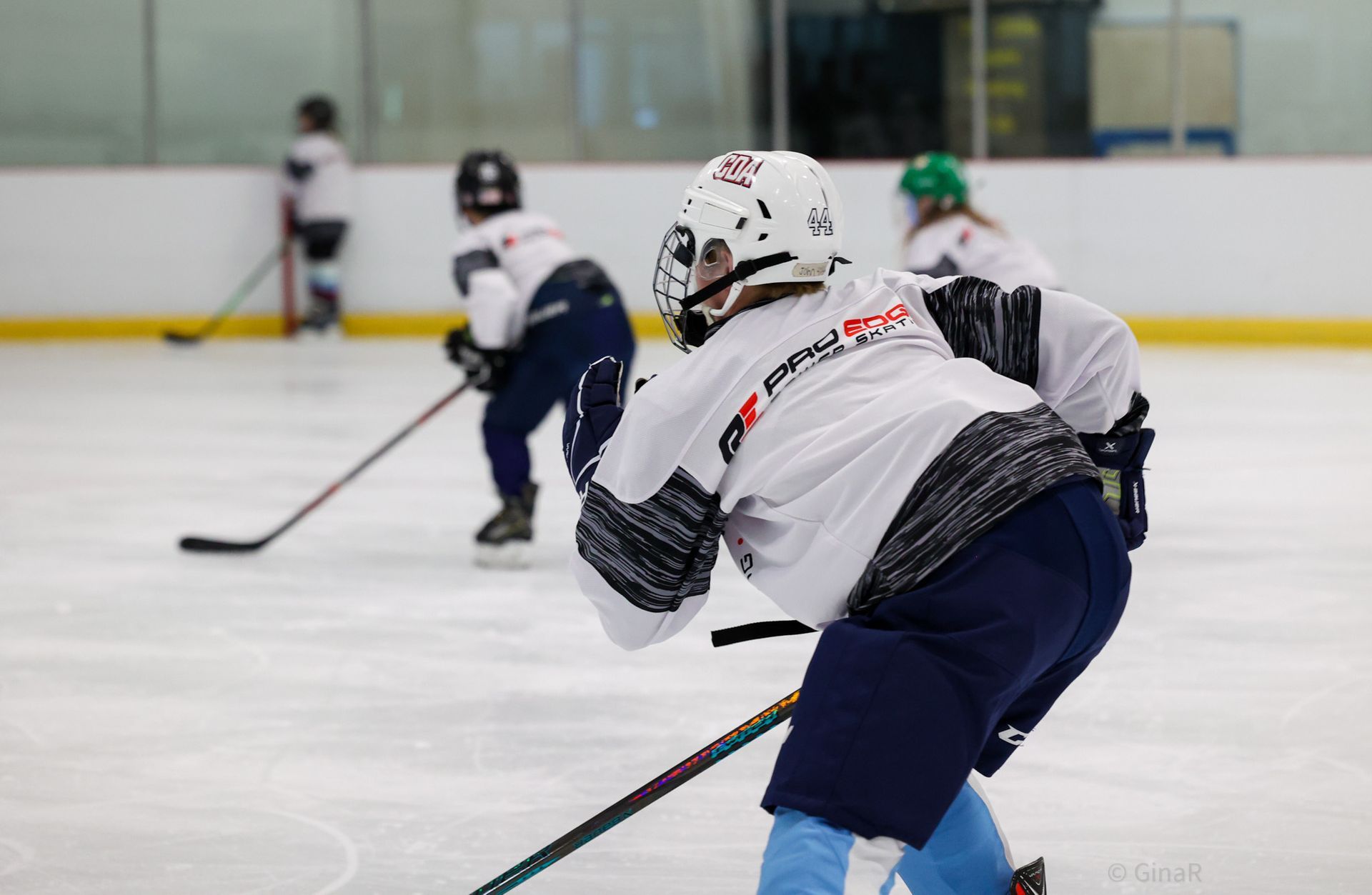 Hockey players skating on an indoor ice rink during practice