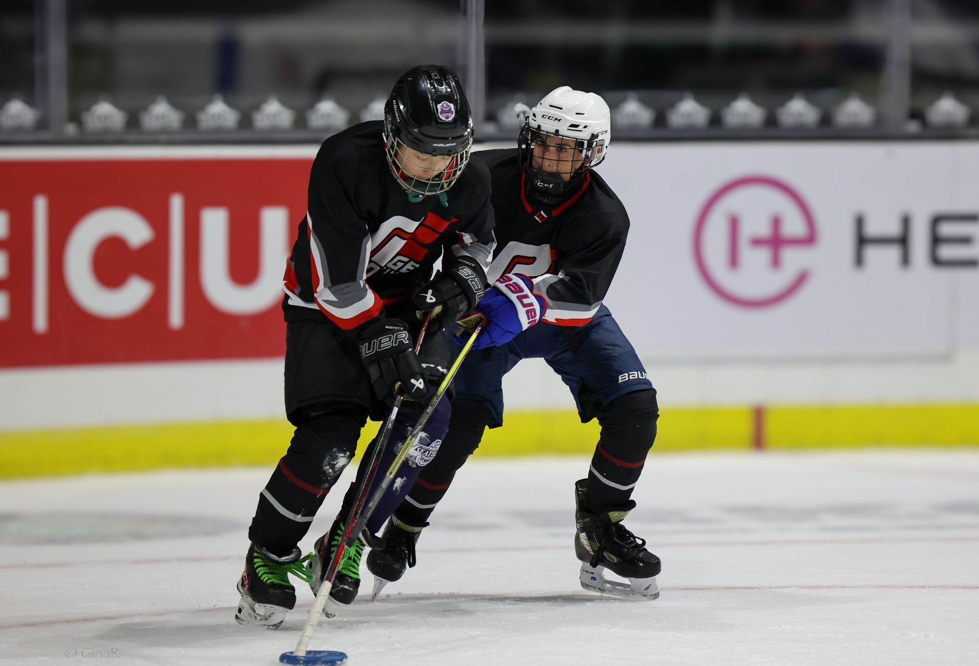 Two ice hockey players in black uniforms battling for the puck on the rink