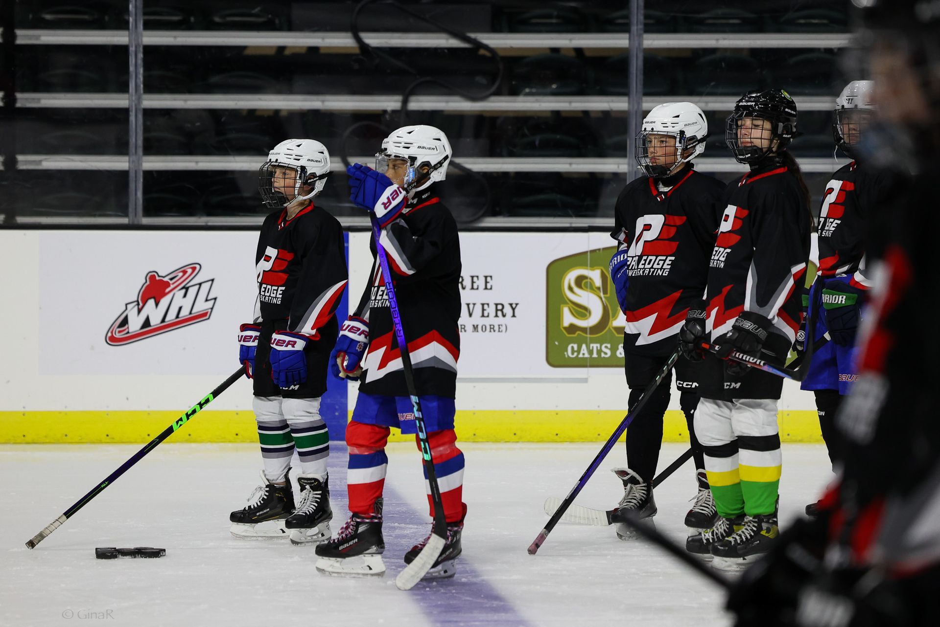 Hockey players in black, white, and red jerseys stand on the ice near the boards.