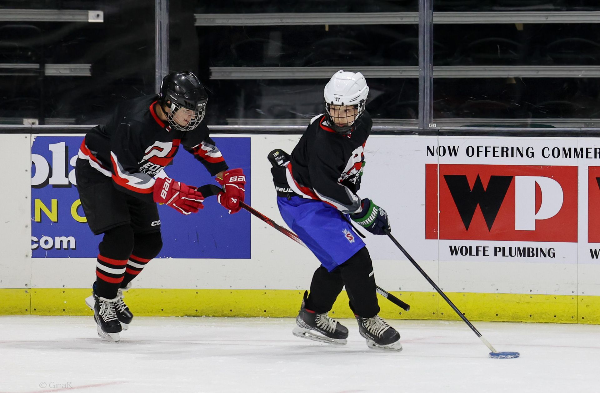 Two hockey players in black, red, and blue uniforms skate after the puck near the boards.
