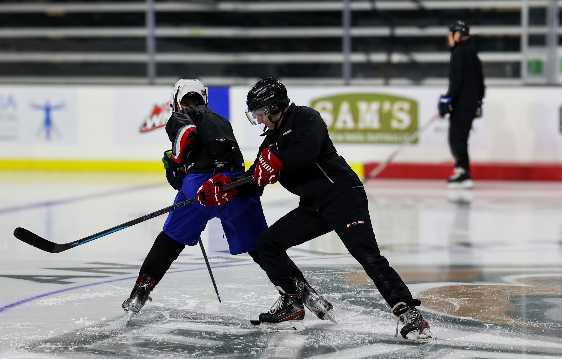 Two hockey players in black and blue collide on the ice during a game.