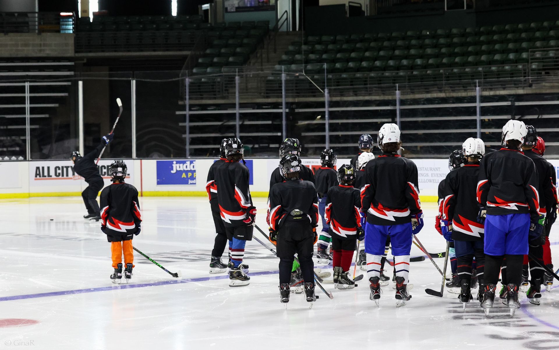 Hockey players in black and blue practice on an indoor ice rink, seen from behind.